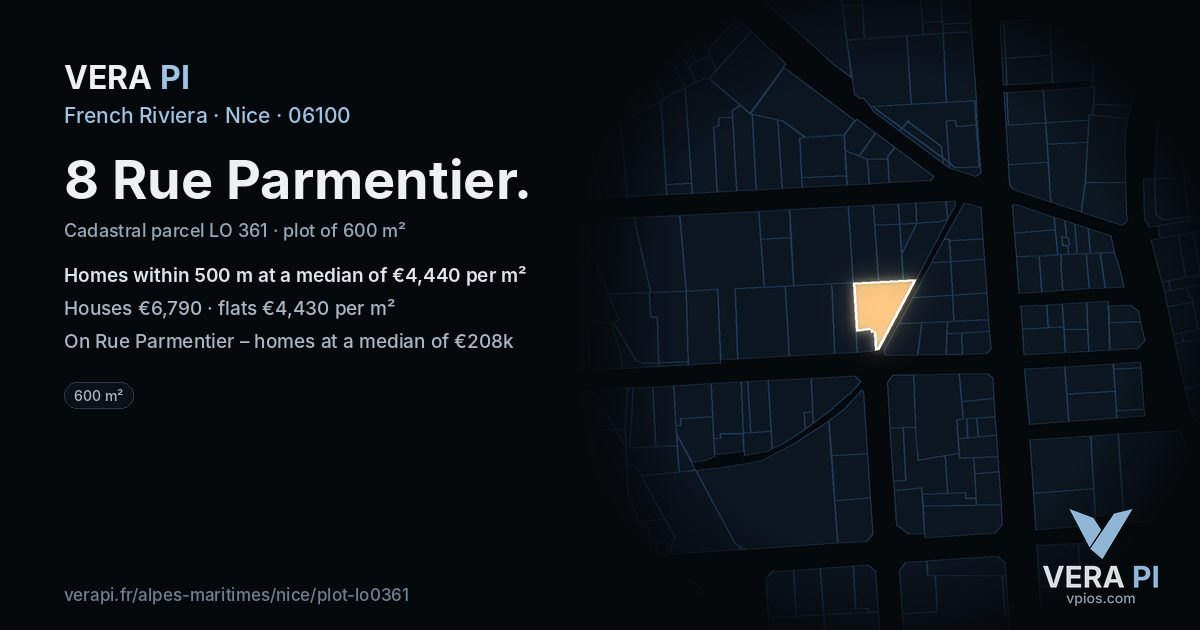 8 Rue Parmentier, Nice at night – the plot lit, the parcels around coloured by the prices near them