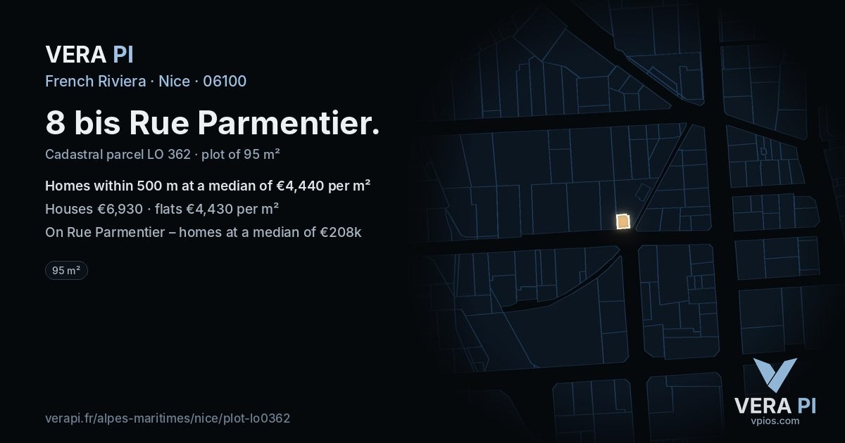 8 bis Rue Parmentier, Nice at night – the plot lit, the parcels around coloured by the prices near them