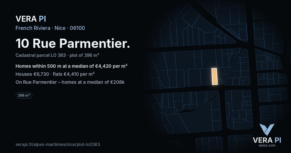10 Rue Parmentier, Nice at night – the plot lit, the parcels around coloured by the prices near them