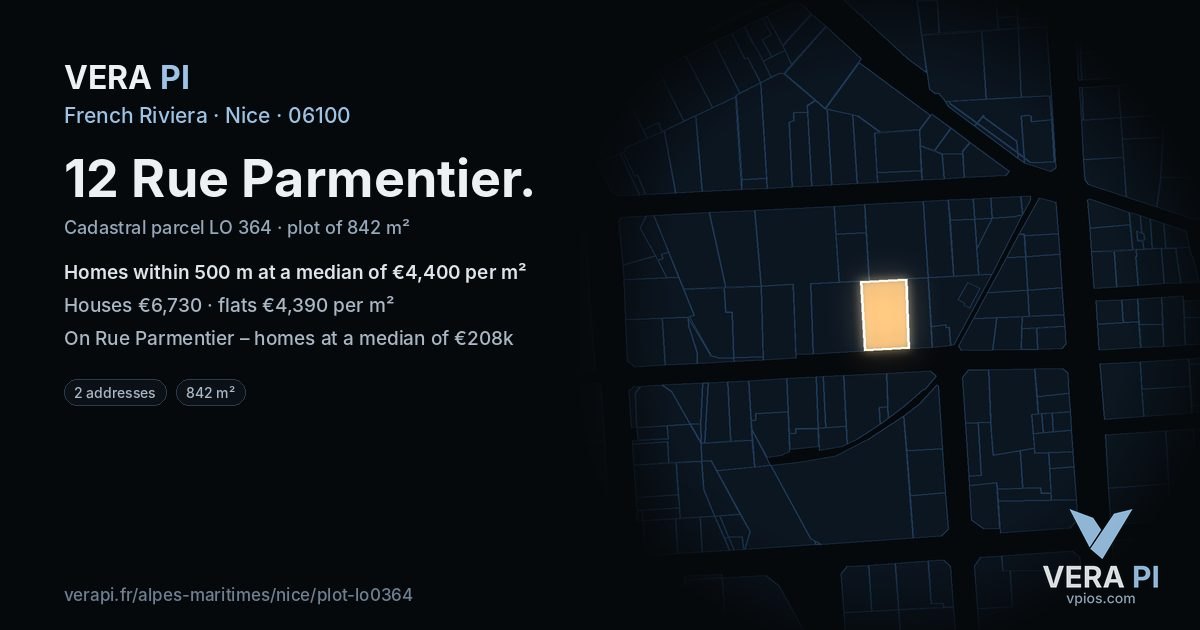 12 Rue Parmentier, Nice at night – the plot lit, the parcels around coloured by the prices near them