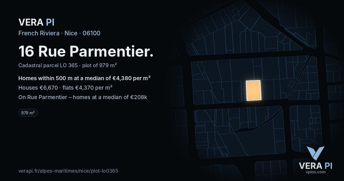 16 Rue Parmentier, Nice at night – the plot lit, the parcels around coloured by the prices near them