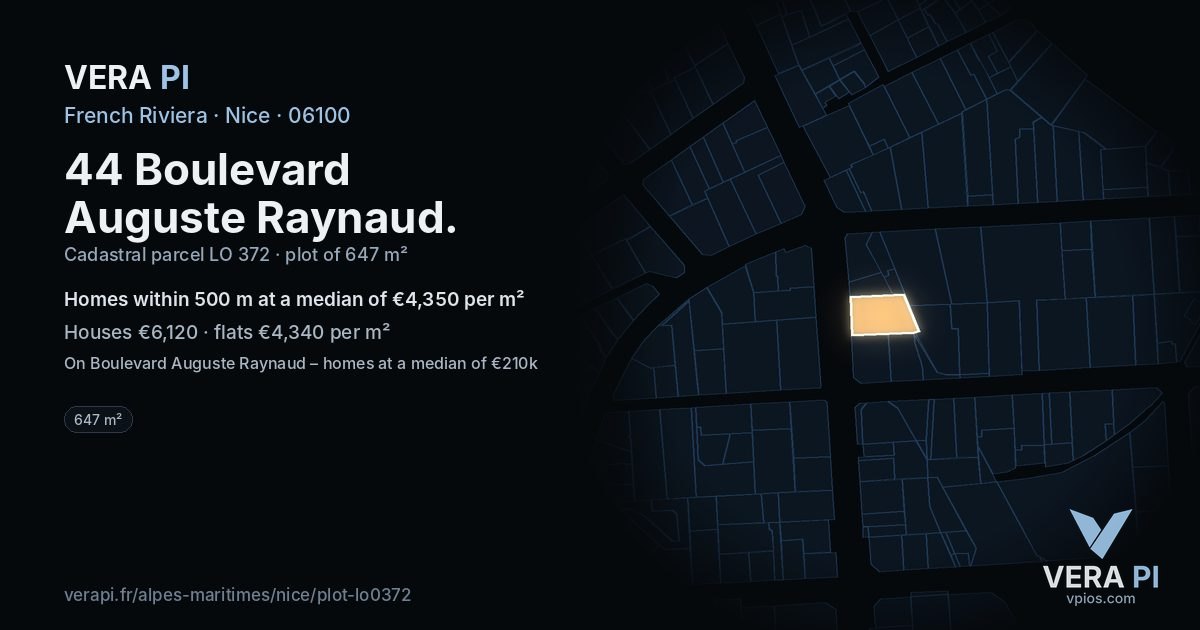 44 Boulevard Auguste Raynaud, Nice at night – the plot lit, the parcels around coloured by the prices near them