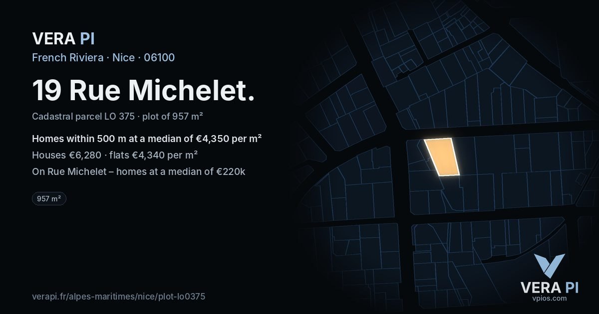 19 Rue Michelet, Nice at night – the plot lit, the parcels around coloured by the prices near them