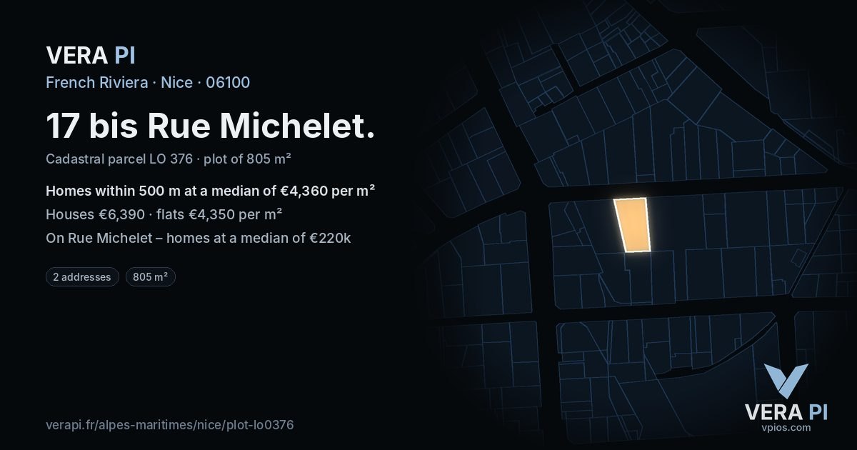 17 bis Rue Michelet, Nice at night – the plot lit, the parcels around coloured by the prices near them