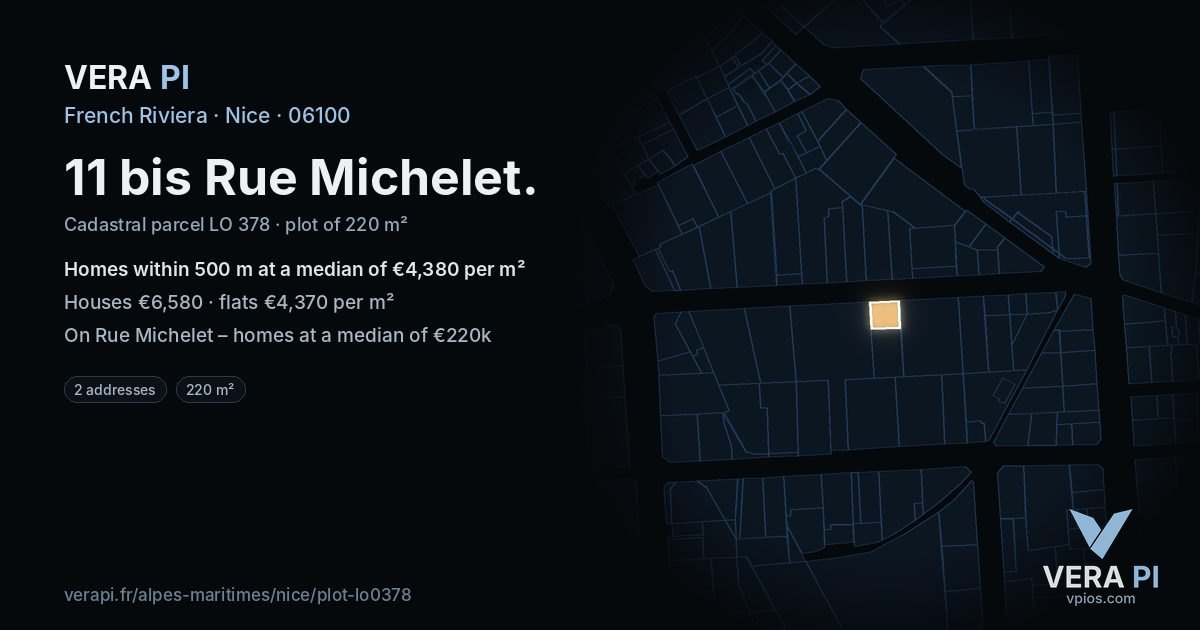 11 bis Rue Michelet, Nice at night – the plot lit, the parcels around coloured by the prices near them