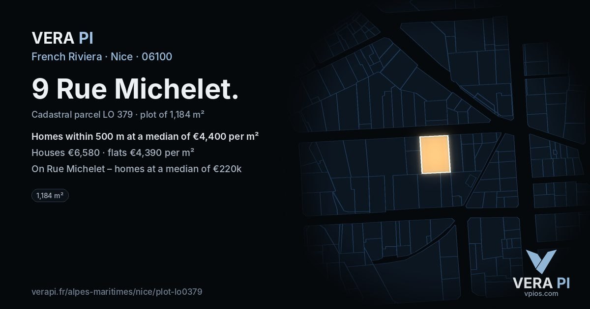 9 Rue Michelet, Nice at night – the plot lit, the parcels around coloured by the prices near them