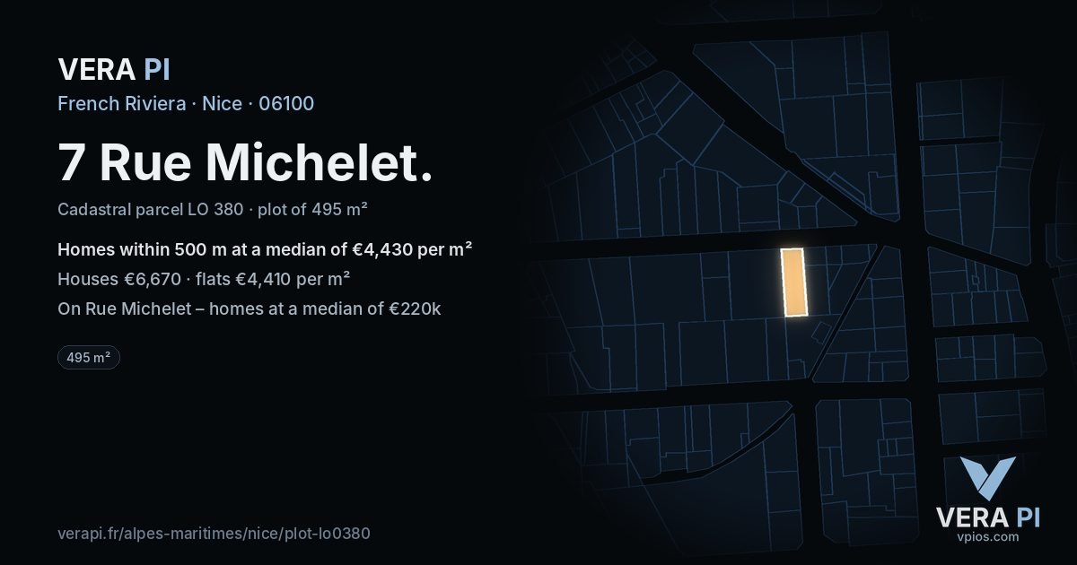 7 Rue Michelet, Nice at night – the plot lit, the parcels around coloured by the prices near them