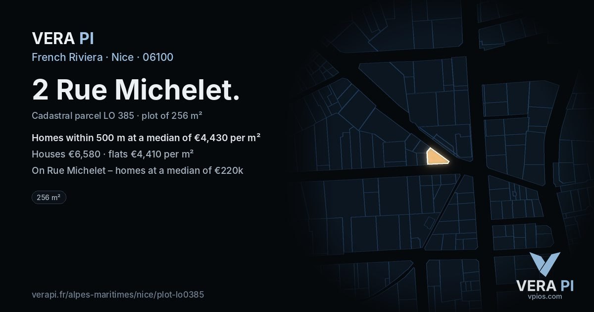 2 Rue Michelet, Nice at night – the plot lit, the parcels around coloured by the prices near them