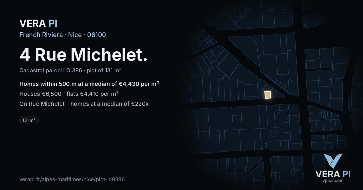 4 Rue Michelet, Nice at night – the plot lit, the parcels around coloured by the prices near them