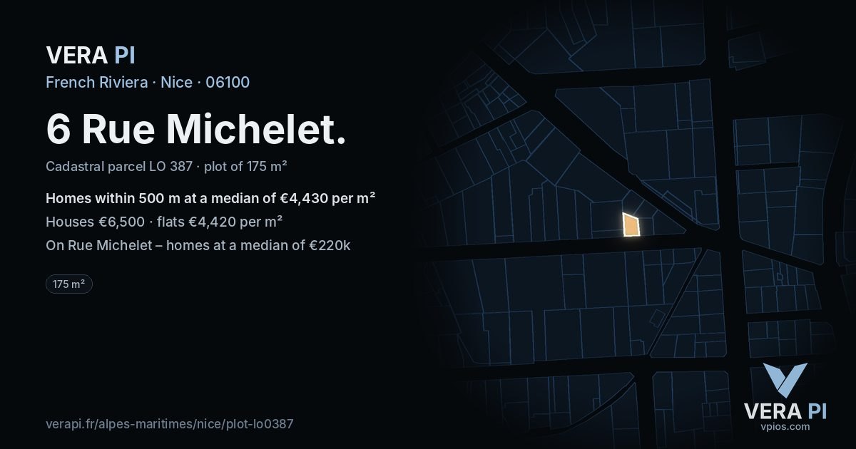6 Rue Michelet, Nice at night – the plot lit, the parcels around coloured by the prices near them
