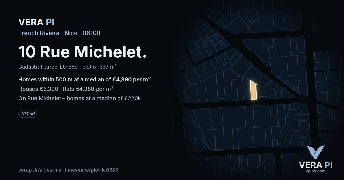 10 Rue Michelet, Nice at night – the plot lit, the parcels around coloured by the prices near them