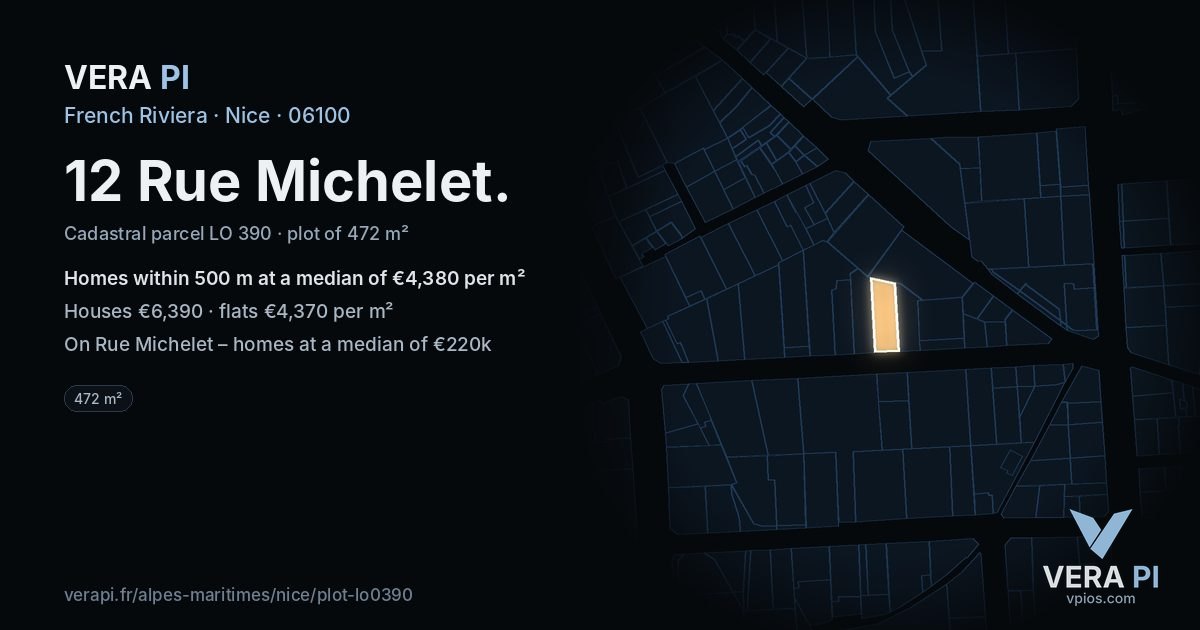 12 Rue Michelet, Nice at night – the plot lit, the parcels around coloured by the prices near them
