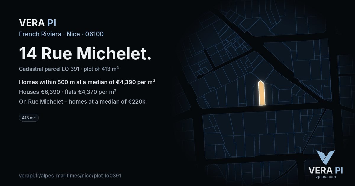 14 Rue Michelet, Nice at night – the plot lit, the parcels around coloured by the prices near them