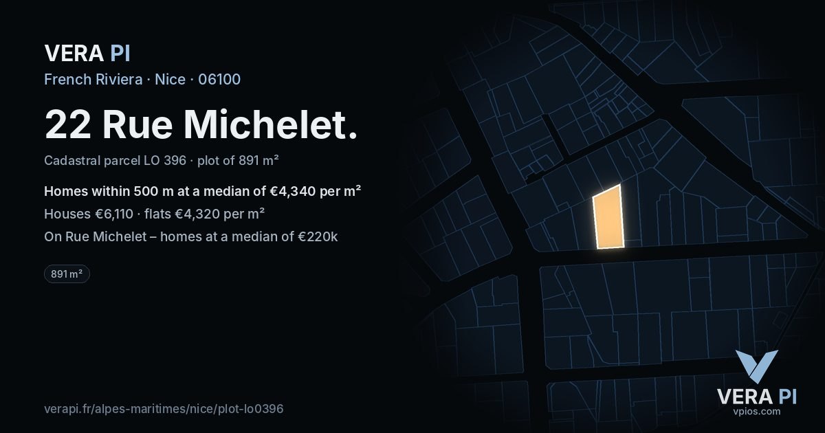 22 Rue Michelet, Nice at night – the plot lit, the parcels around coloured by the prices near them