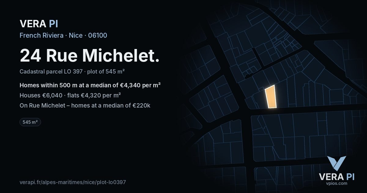 24 Rue Michelet, Nice at night – the plot lit, the parcels around coloured by the prices near them