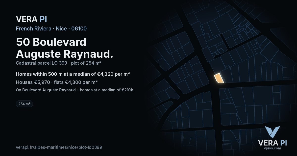 50 Boulevard Auguste Raynaud, Nice at night – the plot lit, the parcels around coloured by the prices near them