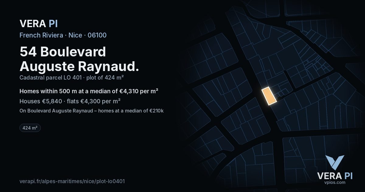 54 Boulevard Auguste Raynaud, Nice at night – the plot lit, the parcels around coloured by the prices near them