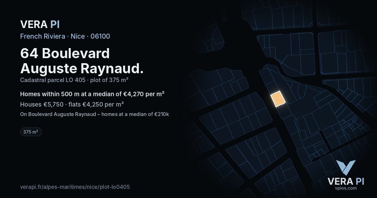 64 Boulevard Auguste Raynaud, Nice at night – the plot lit, the parcels around coloured by the prices near them