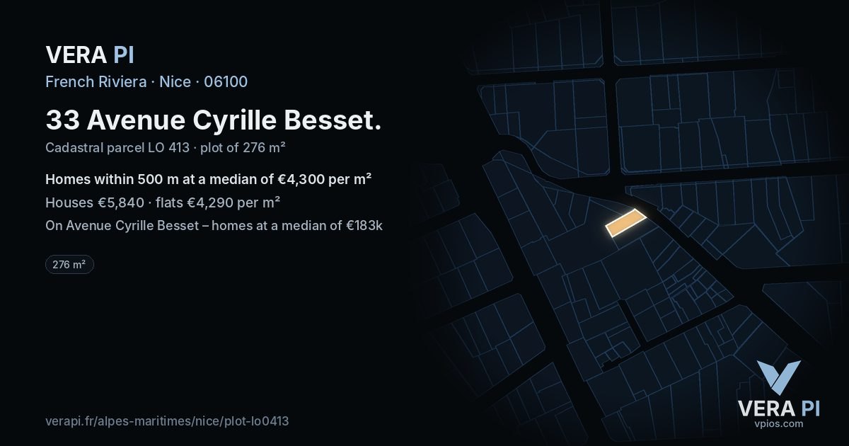 33 Avenue Cyrille Besset, Nice at night – the plot lit, the parcels around coloured by the prices near them