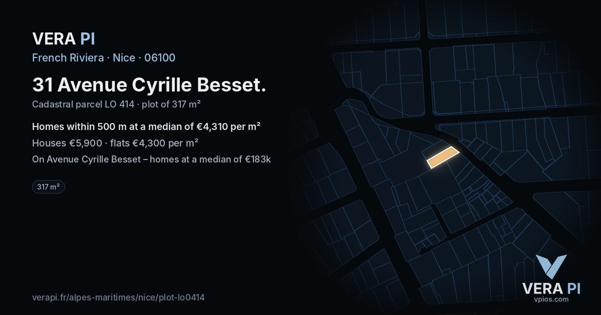 31 Avenue Cyrille Besset, Nice at night – the plot lit, the parcels around coloured by the prices near them