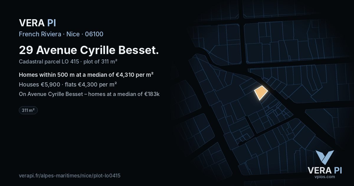 29 Avenue Cyrille Besset, Nice at night – the plot lit, the parcels around coloured by the prices near them