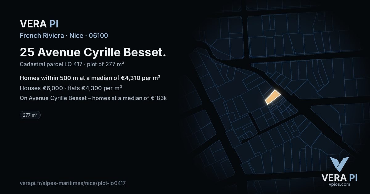25 Avenue Cyrille Besset, Nice at night – the plot lit, the parcels around coloured by the prices near them