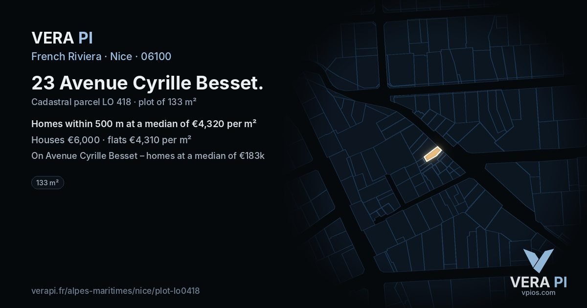 23 Avenue Cyrille Besset, Nice at night – the plot lit, the parcels around coloured by the prices near them