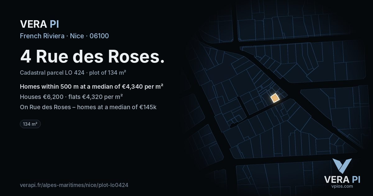 4 Rue des Roses, Nice at night – the plot lit, the parcels around coloured by the prices near them