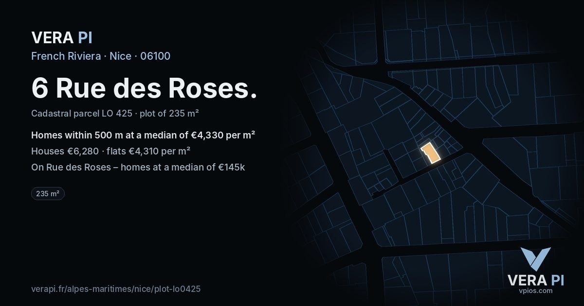 6 Rue des Roses, Nice at night – the plot lit, the parcels around coloured by the prices near them