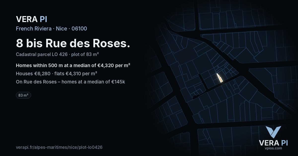 8 bis Rue des Roses, Nice at night – the plot lit, the parcels around coloured by the prices near them