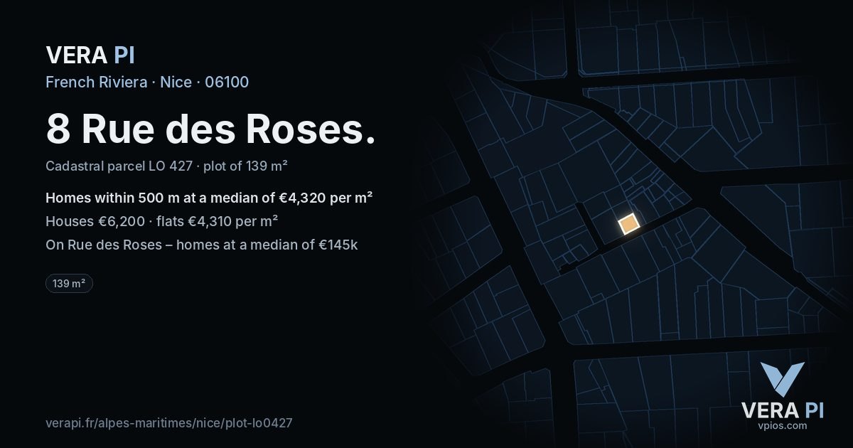 8 Rue des Roses, Nice at night – the plot lit, the parcels around coloured by the prices near them