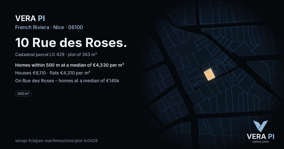 10 Rue des Roses, Nice at night – the plot lit, the parcels around coloured by the prices near them