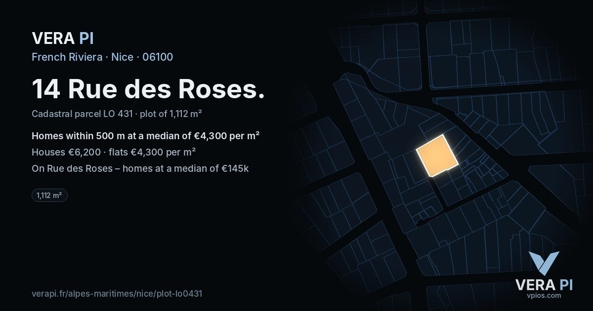 14 Rue des Roses, Nice at night – the plot lit, the parcels around coloured by the prices near them