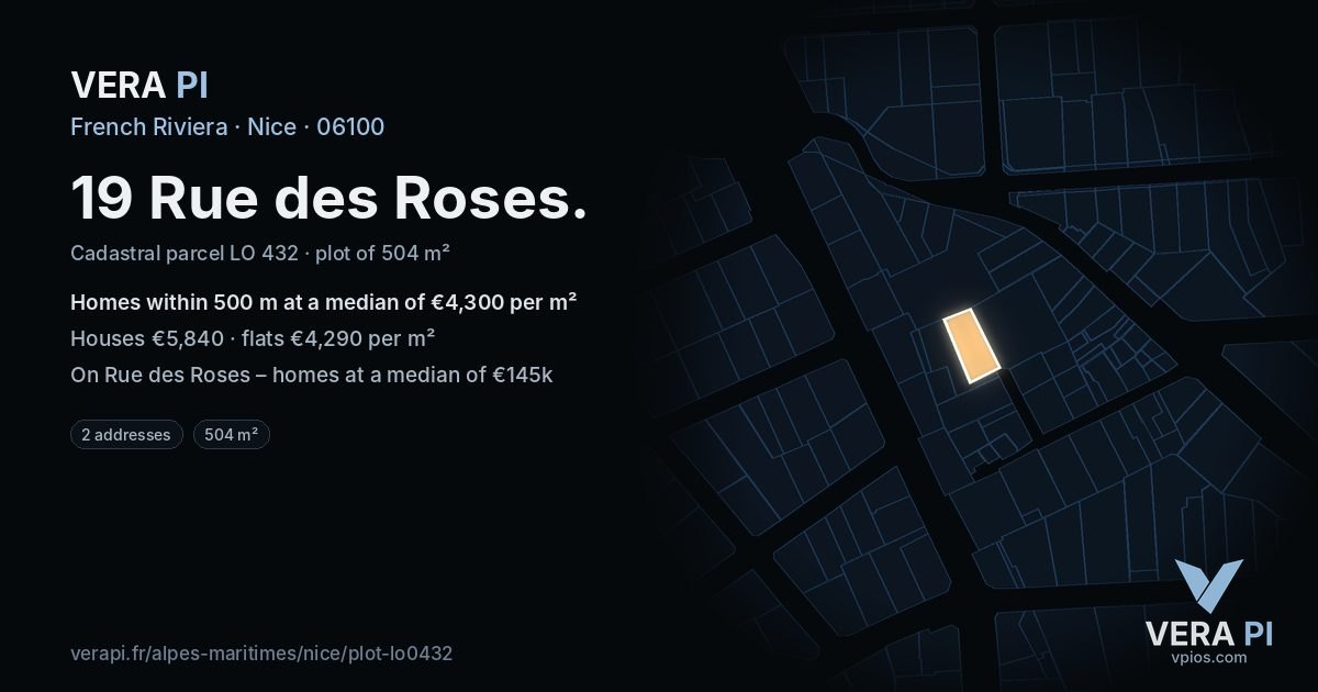 19 Rue des Roses, Nice at night – the plot lit, the parcels around coloured by the prices near them