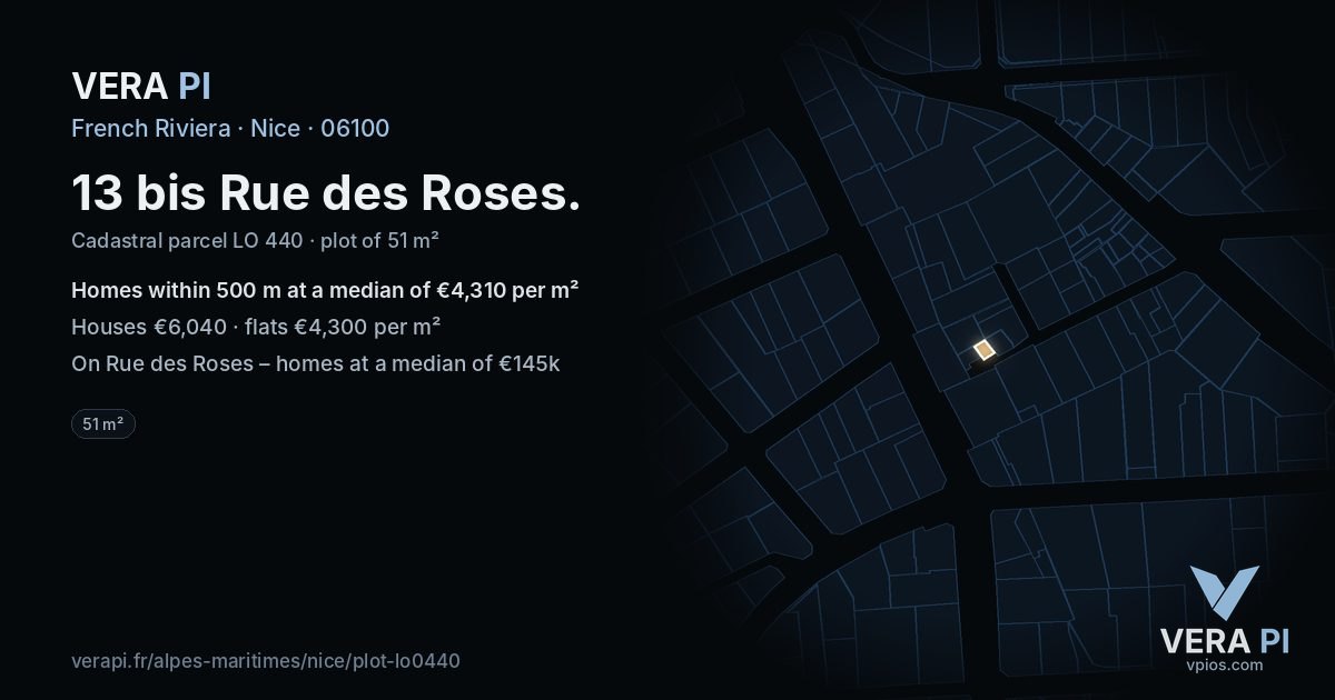 13 bis Rue des Roses, Nice at night – the plot lit, the parcels around coloured by the prices near them