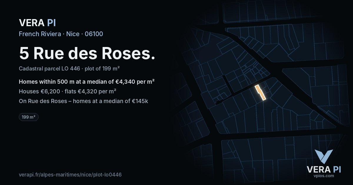 5 Rue des Roses, Nice at night – the plot lit, the parcels around coloured by the prices near them