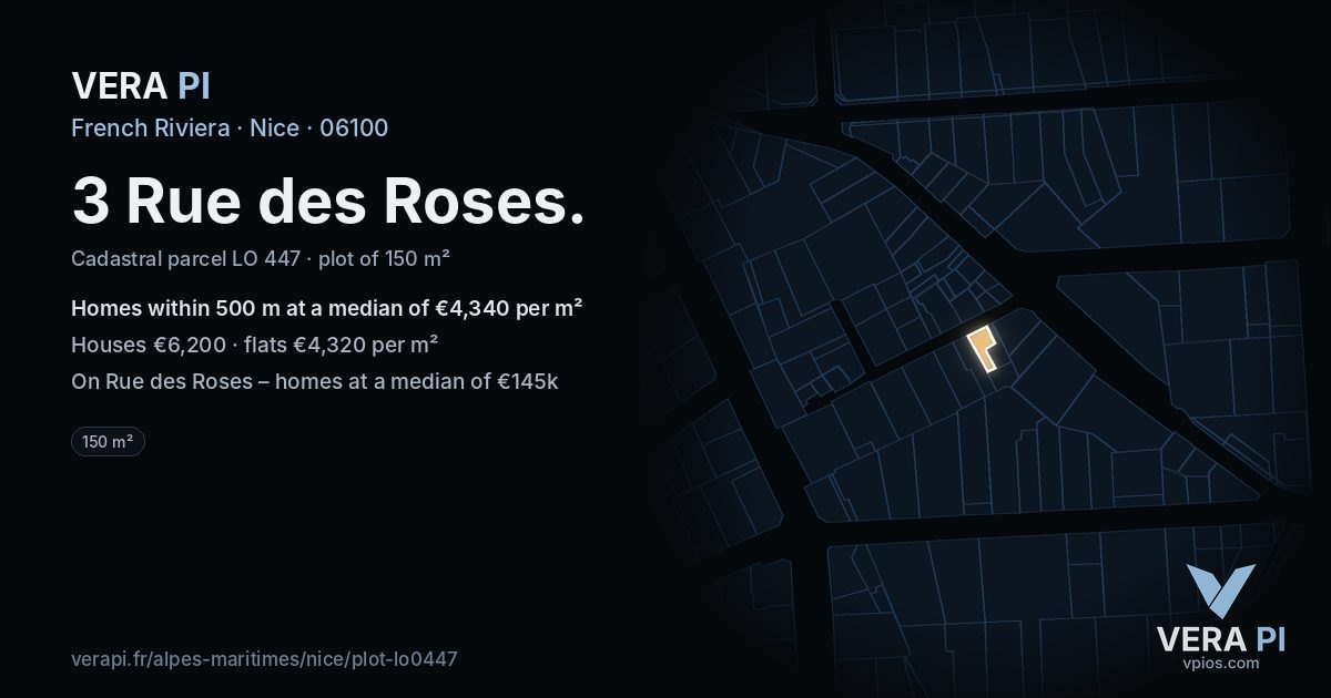 3 Rue des Roses, Nice at night – the plot lit, the parcels around coloured by the prices near them