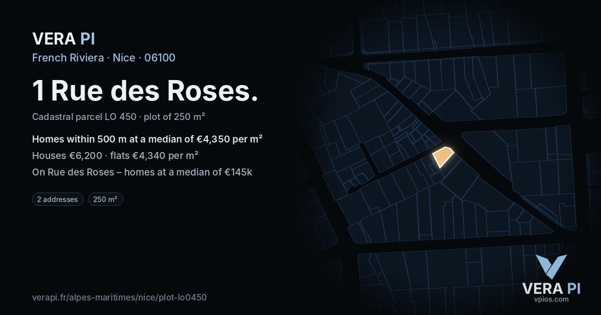 1 Rue des Roses, Nice at night – the plot lit, the parcels around coloured by the prices near them