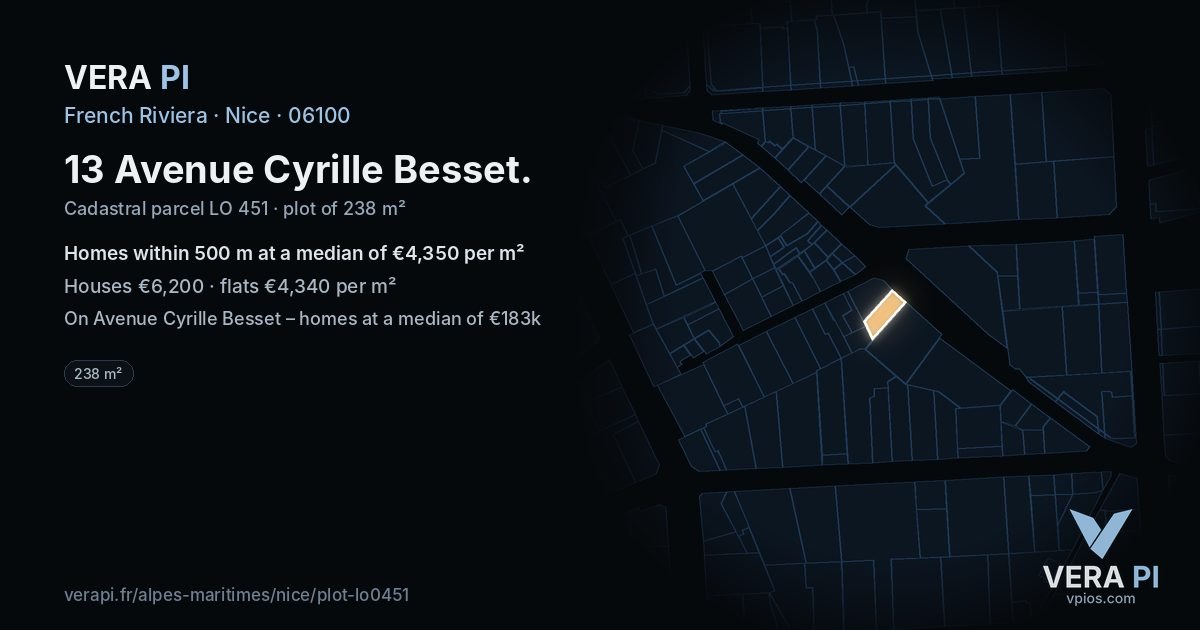 13 Avenue Cyrille Besset, Nice at night – the plot lit, the parcels around coloured by the prices near them