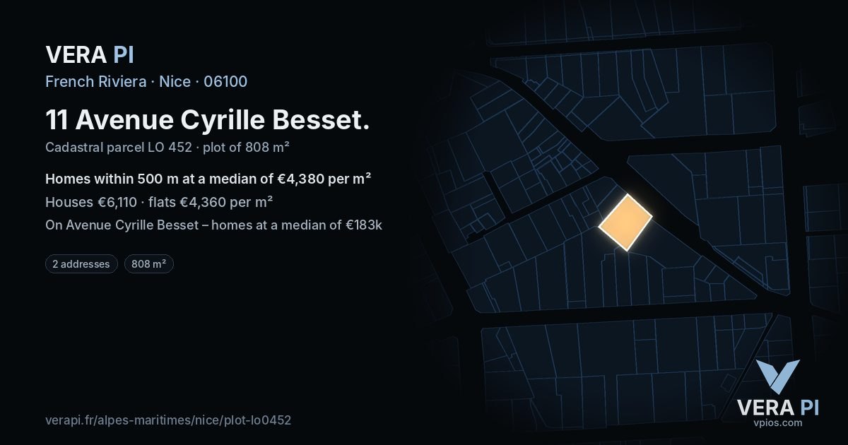 11 Avenue Cyrille Besset, Nice at night – the plot lit, the parcels around coloured by the prices near them