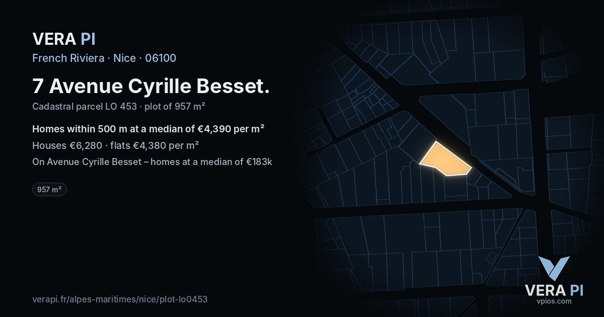 7 Avenue Cyrille Besset, Nice at night – the plot lit, the parcels around coloured by the prices near them
