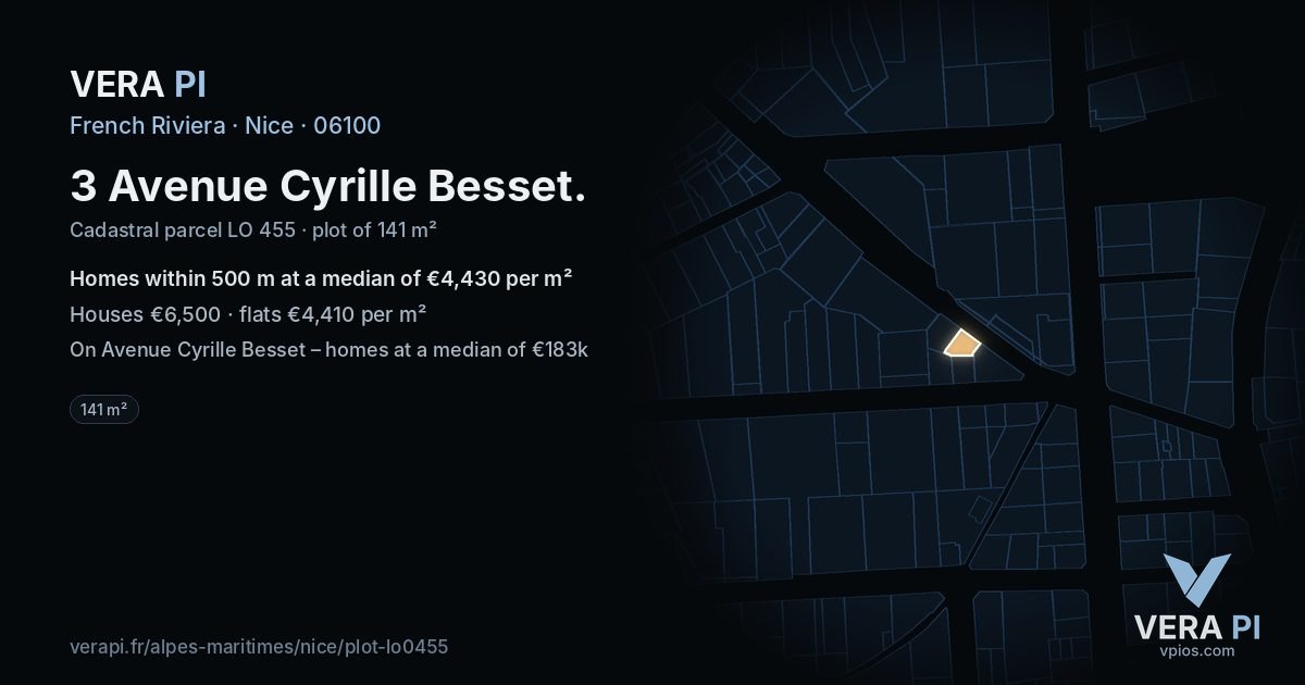 3 Avenue Cyrille Besset, Nice at night – the plot lit, the parcels around coloured by the prices near them