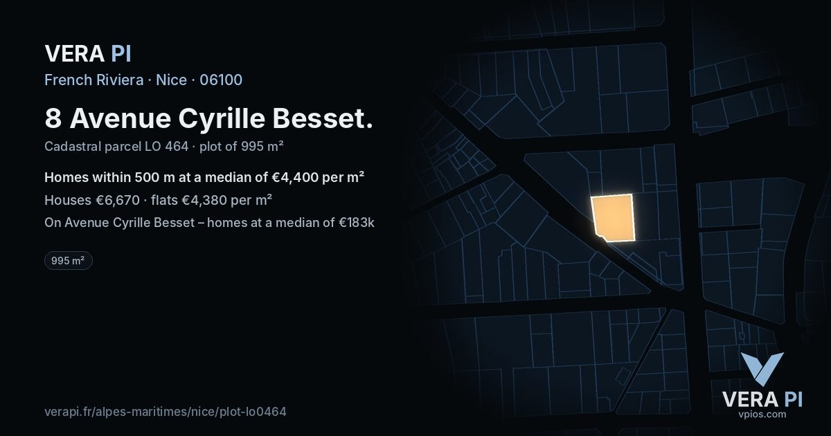 8 Avenue Cyrille Besset, Nice at night – the plot lit, the parcels around coloured by the prices near them