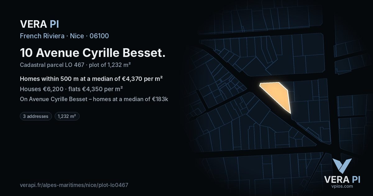 10 Avenue Cyrille Besset, Nice at night – the plot lit, the parcels around coloured by the prices near them