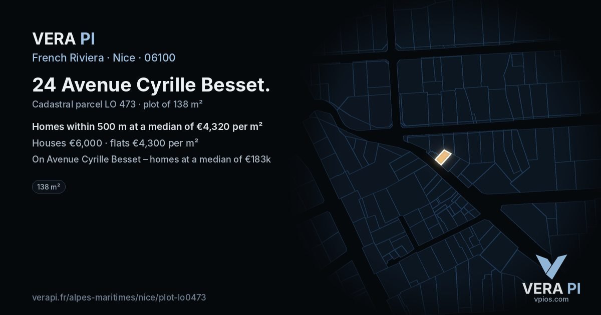 24 Avenue Cyrille Besset, Nice at night – the plot lit, the parcels around coloured by the prices near them