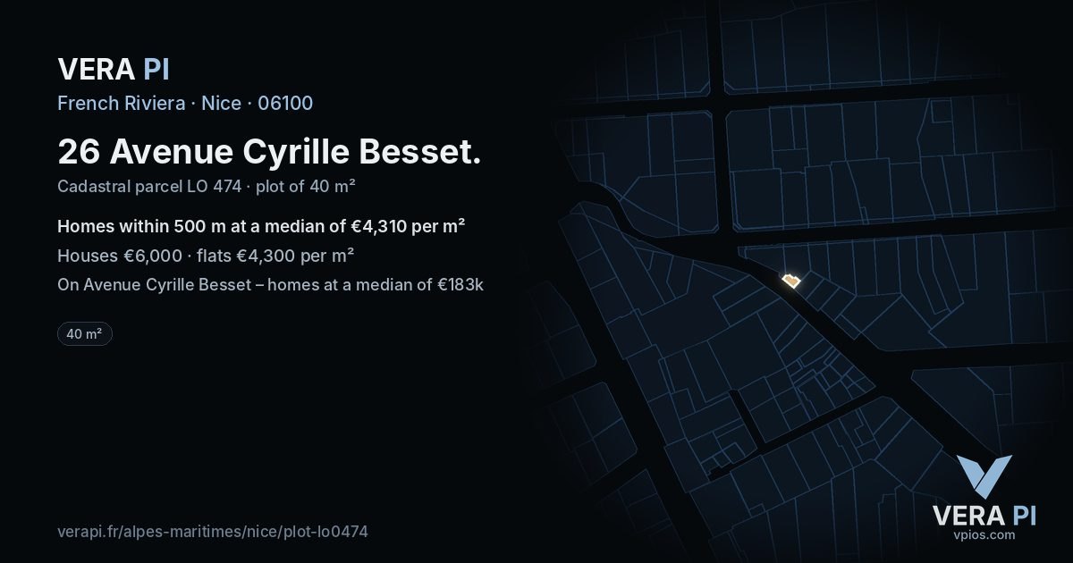26 Avenue Cyrille Besset, Nice at night – the plot lit, the parcels around coloured by the prices near them