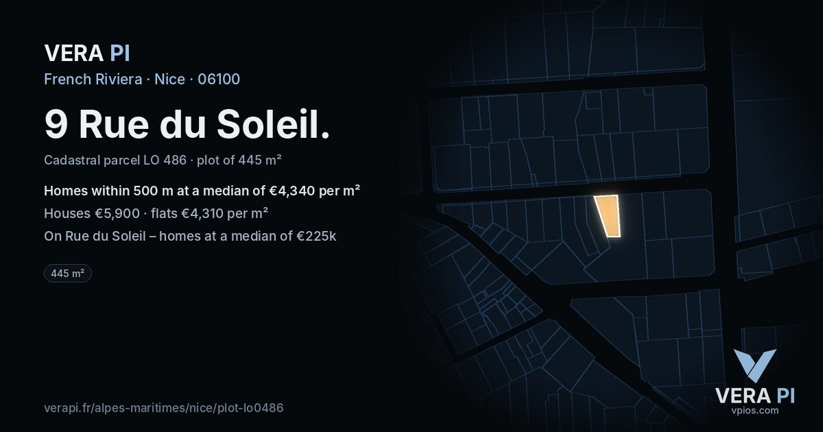 9 Rue du Soleil, Nice at night – the plot lit, the parcels around coloured by the prices near them