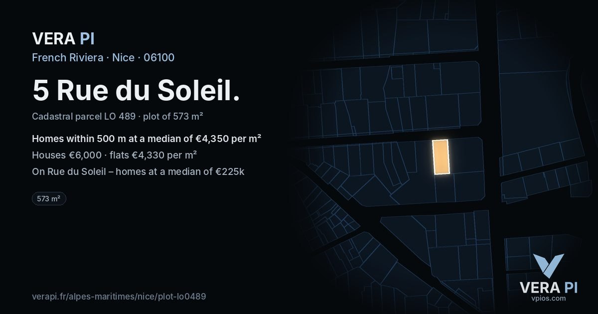 5 Rue du Soleil, Nice at night – the plot lit, the parcels around coloured by the prices near them