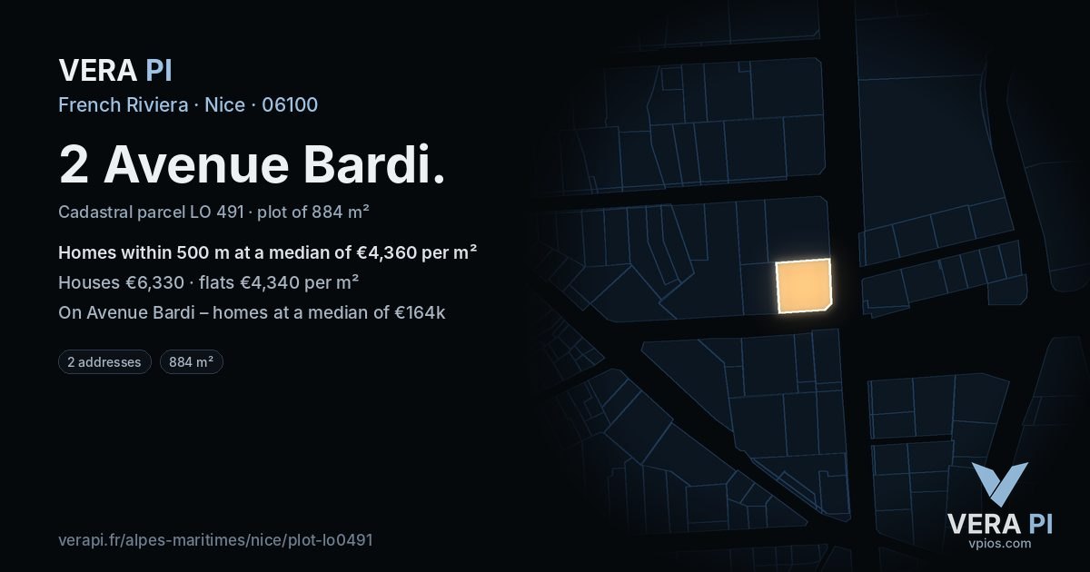 2 Avenue Bardi, Nice at night – the plot lit, the parcels around coloured by the prices near them