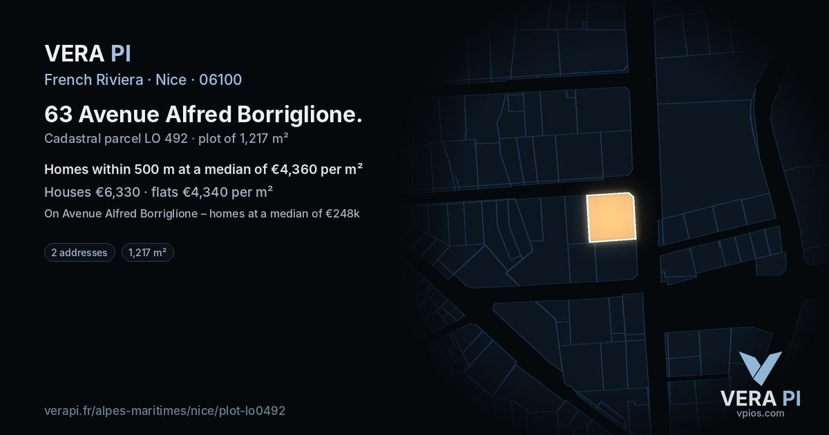 63 Avenue Alfred Borriglione, Nice at night – the plot lit, the parcels around coloured by the prices near them